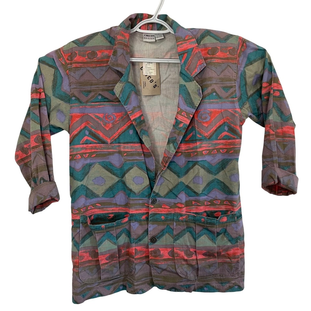 Vtg 80s 90s Chicos Unconstructed Jacket Blazer Tribal Print Multi Cotton‎ Size 1